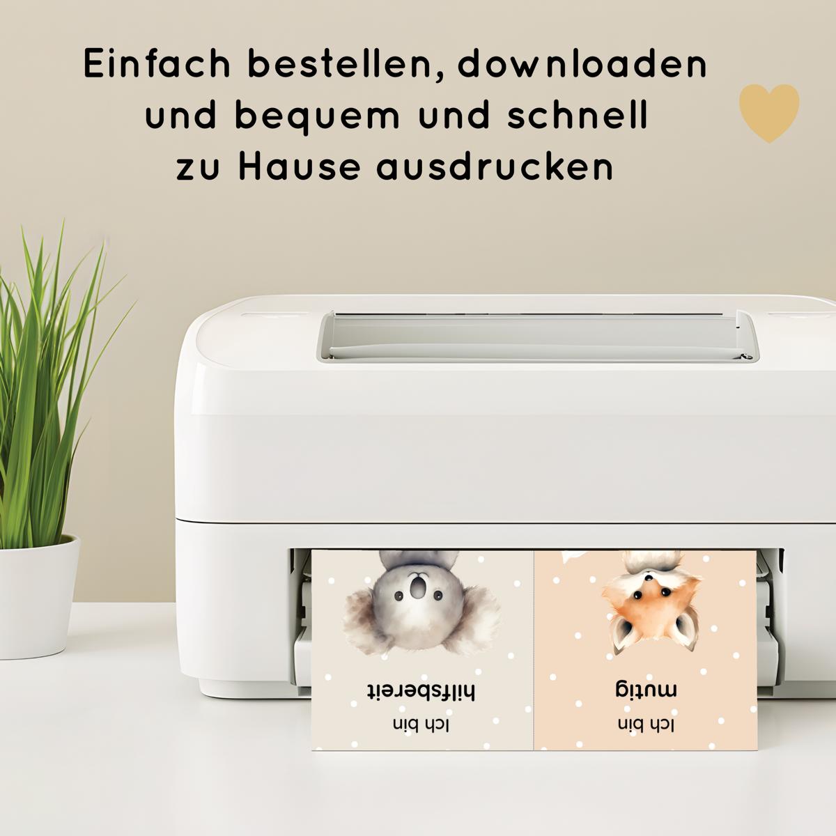 20 bunte Affirmationskarten für Kinder mit niedlichen Tieren