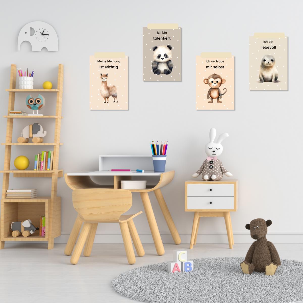 20 bunte Affirmationskarten für Kinder mit niedlichen Tieren