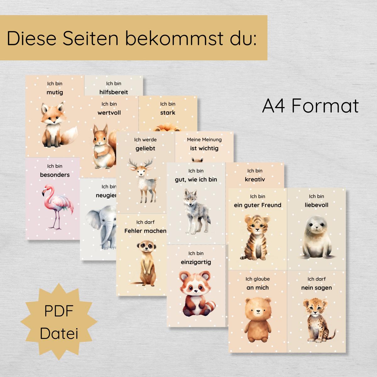 20 bunte Affirmationskarten für Kinder mit niedlichen Tieren