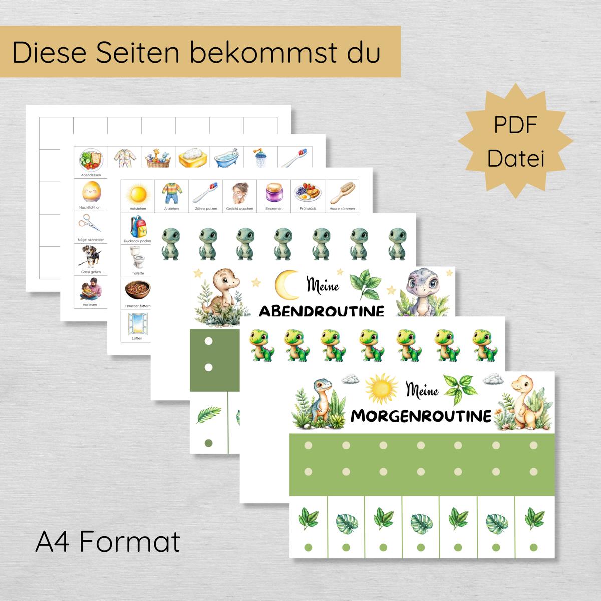 Dino Morgenroutine & Abendroutine Plan für Kinder, PDF Routineplan