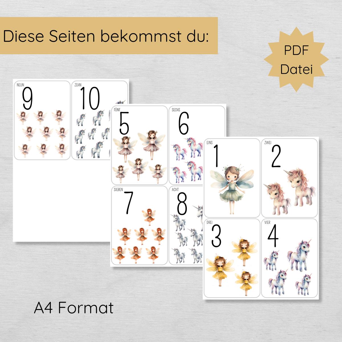Einhorn & Fee Zahlen 1 bis 10 Lernkarten für Kinder