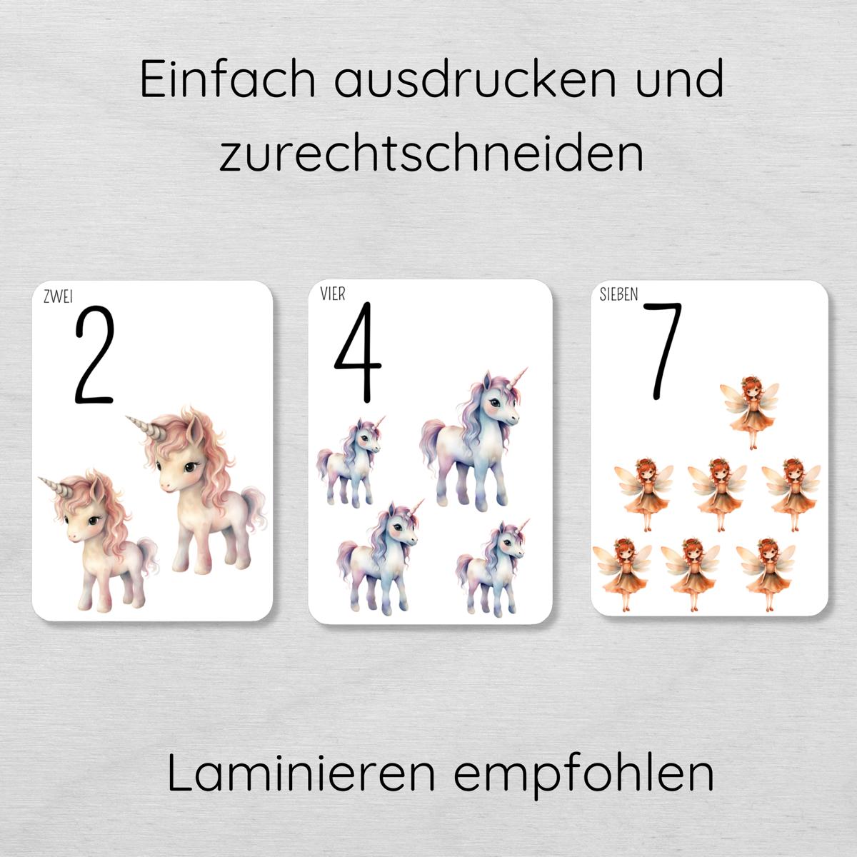 Einhorn & Fee Zahlen 1 bis 10 Lernkarten für Kinder