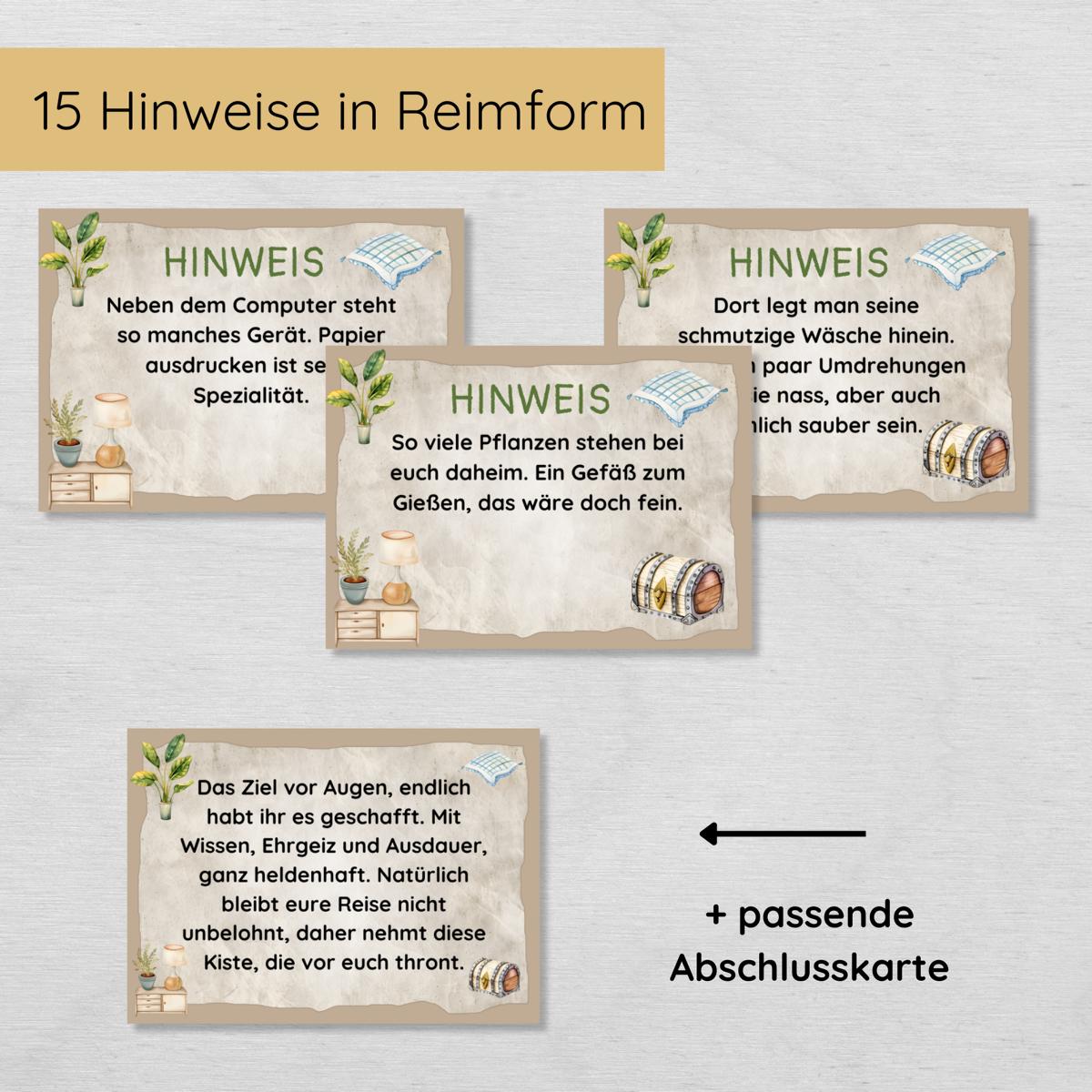 Indoor Schnitzeljagd mit 15 Hinweisen, Urkunde & 3 Spielen