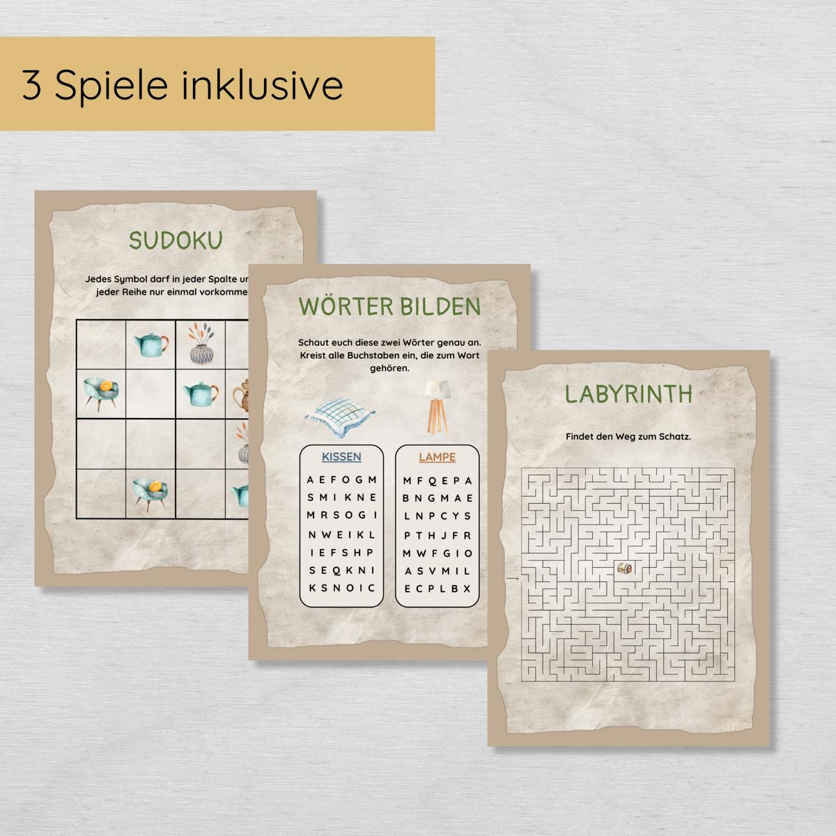 Indoor Schnitzeljagd mit 15 Hinweisen, Urkunde & 3 Spielen