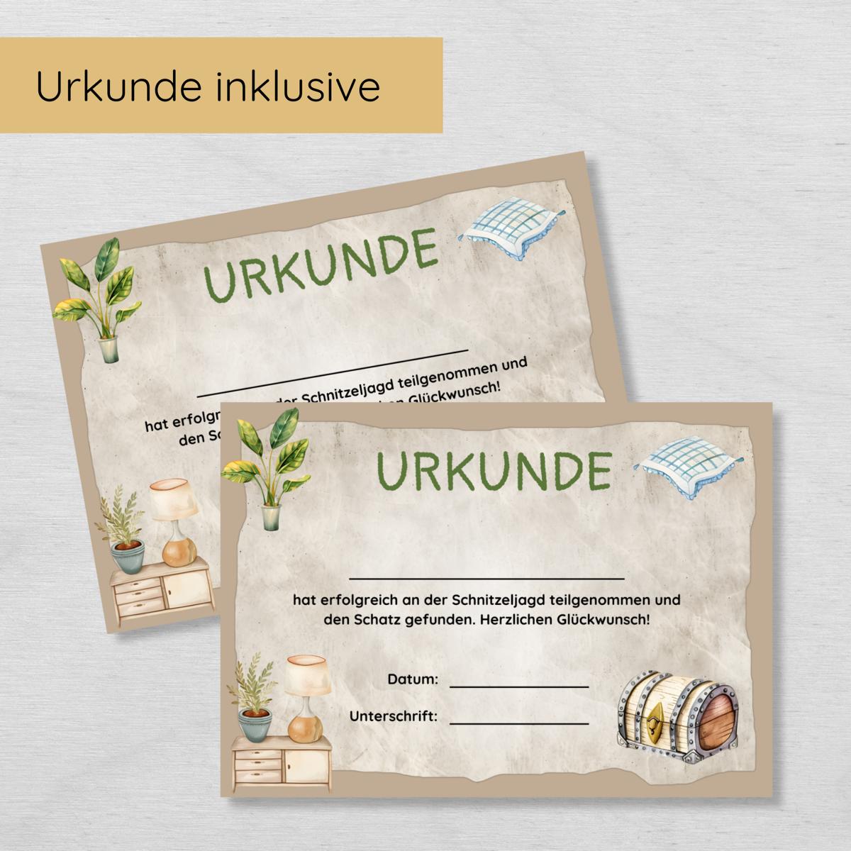 Indoor Schnitzeljagd mit 15 Hinweisen, Urkunde & 3 Spielen