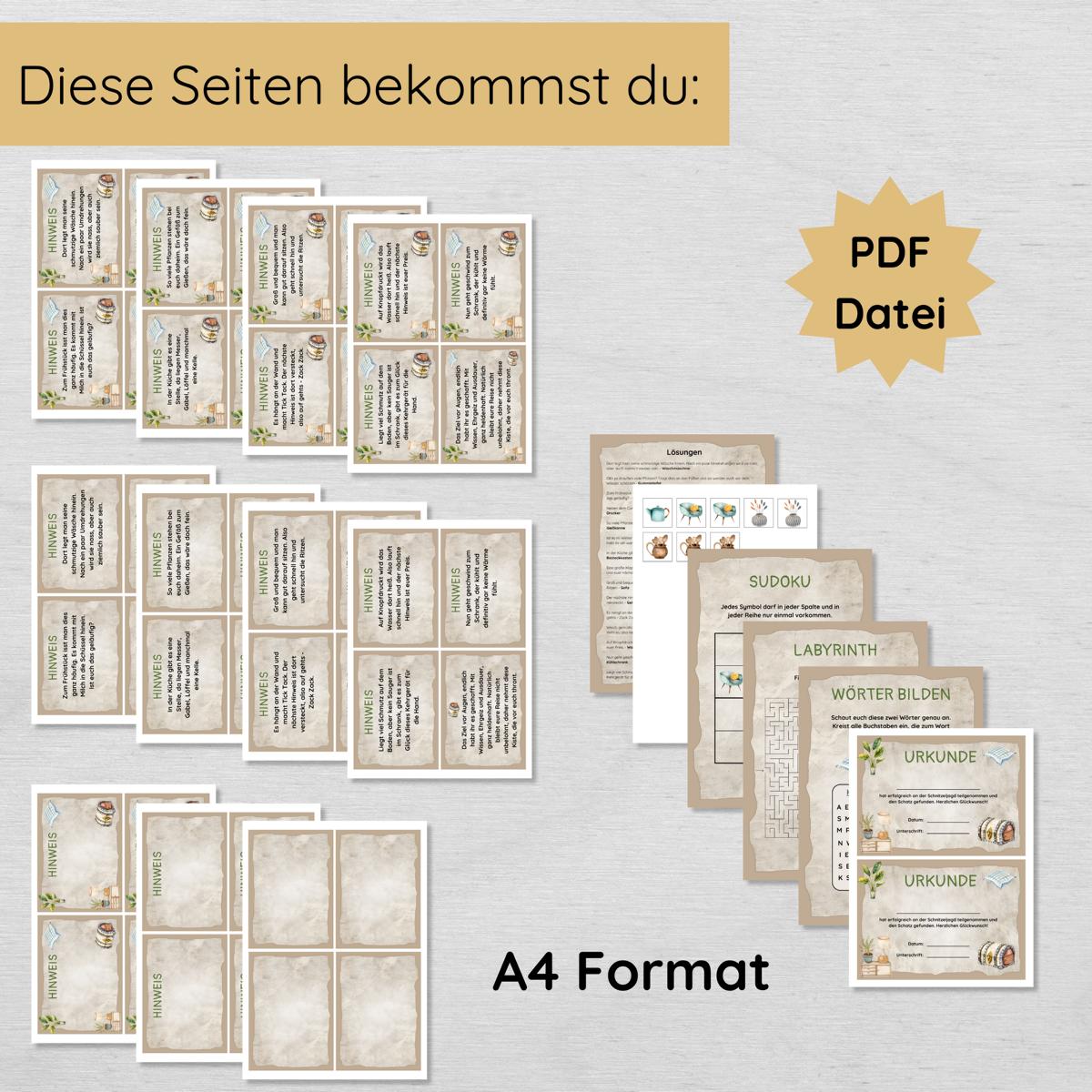 Indoor Schnitzeljagd mit 15 Hinweisen, Urkunde & 3 Spielen