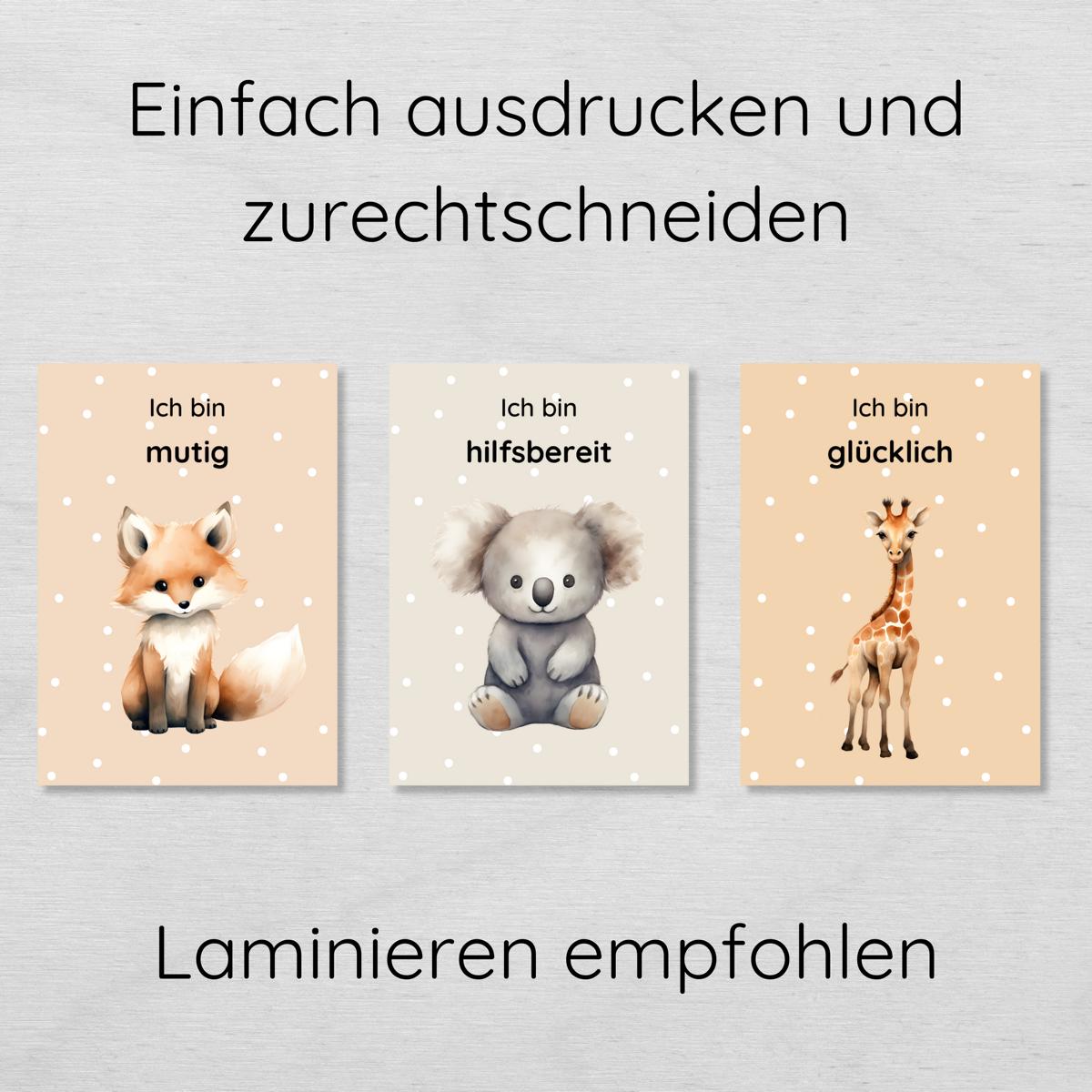 20 bunte Affirmationskarten für Kinder mit niedlichen Tieren