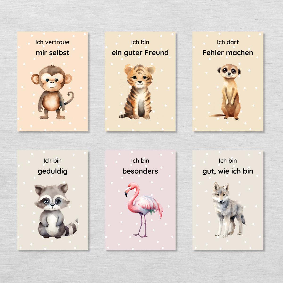 20 bunte Affirmationskarten für Kinder mit niedlichen Tieren