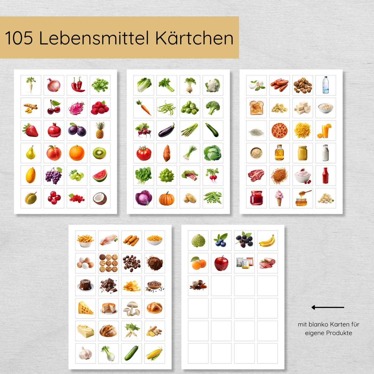 Einkaufsplaner für Kinder mit 7 Einkaufslisten und 100+ Lebensmittel Karten
