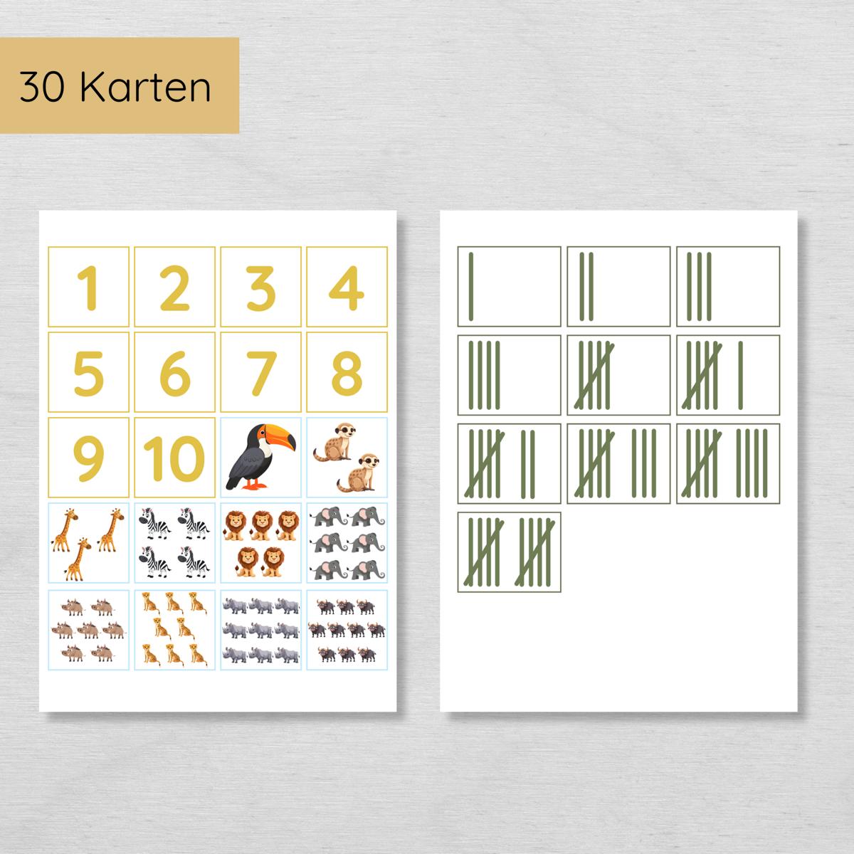 Safari Zählübung Zahlen 1 bis 10 für Kinder, hochkant