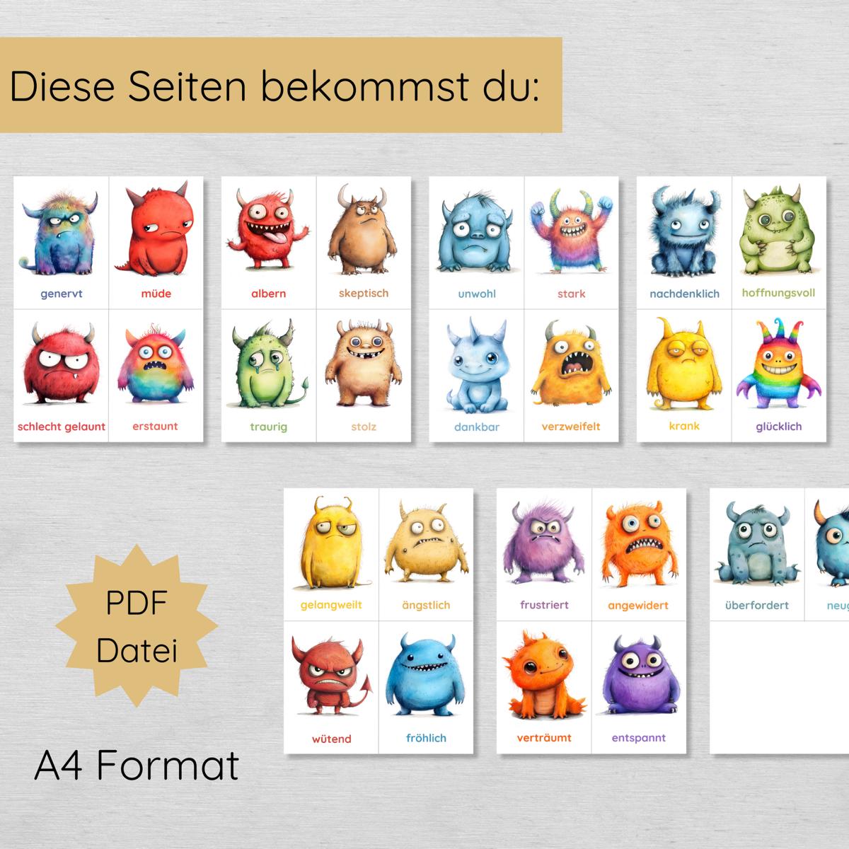 Monster Gefühlskarten für Kinder mit 26 Emotionen