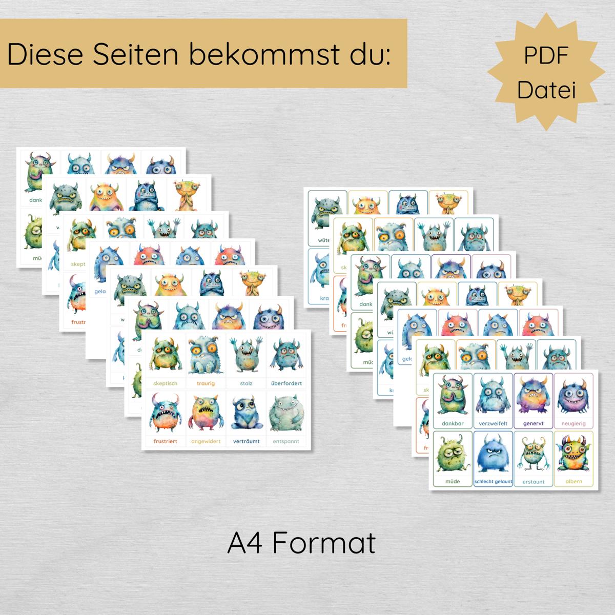 26 dreiteilige Monster Gefühlskarten für Kinder