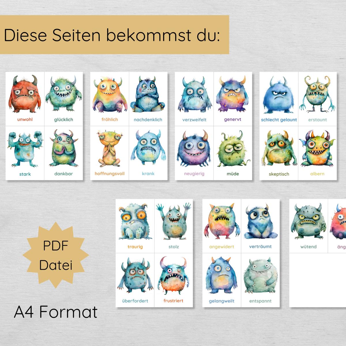 26 Monster Gefühlskarten für Kinder