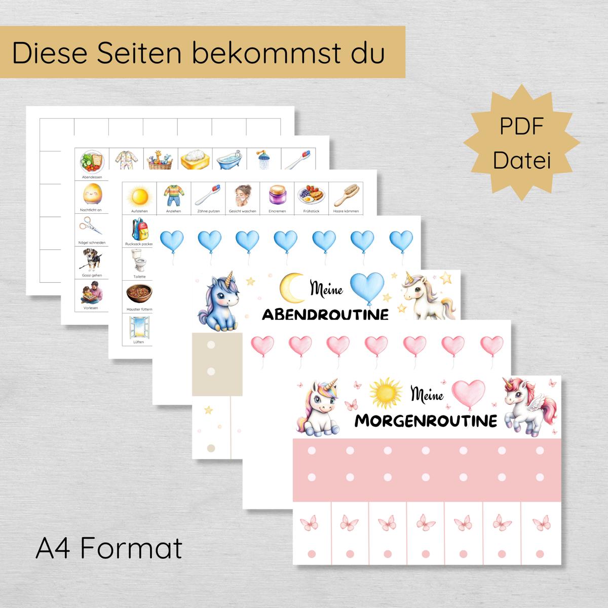 Einhorn Morgenroutine & Abendroutine Plan für Kinder, PDF Routineplan