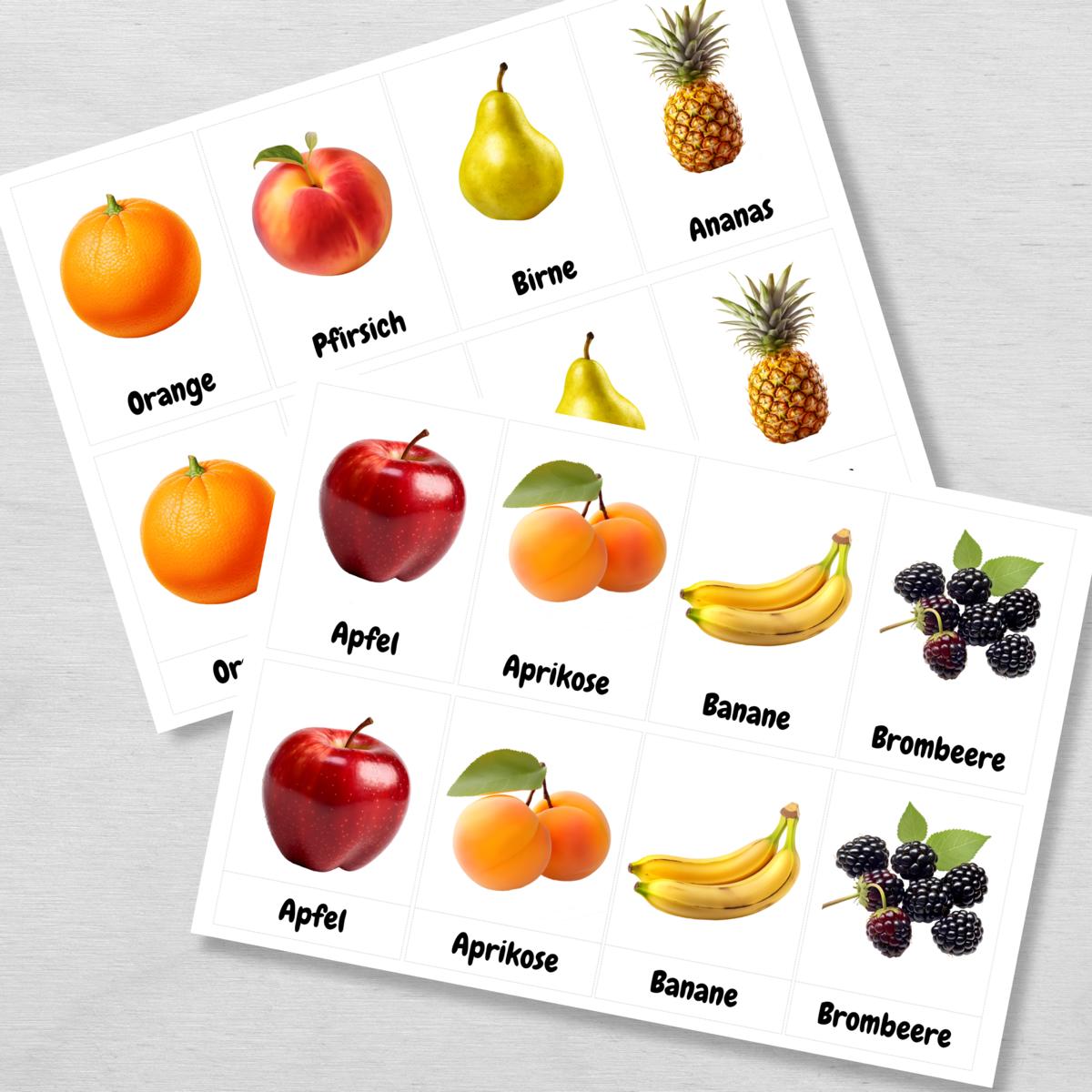 25 dreiteilige Obst Lernkarten für Kinder