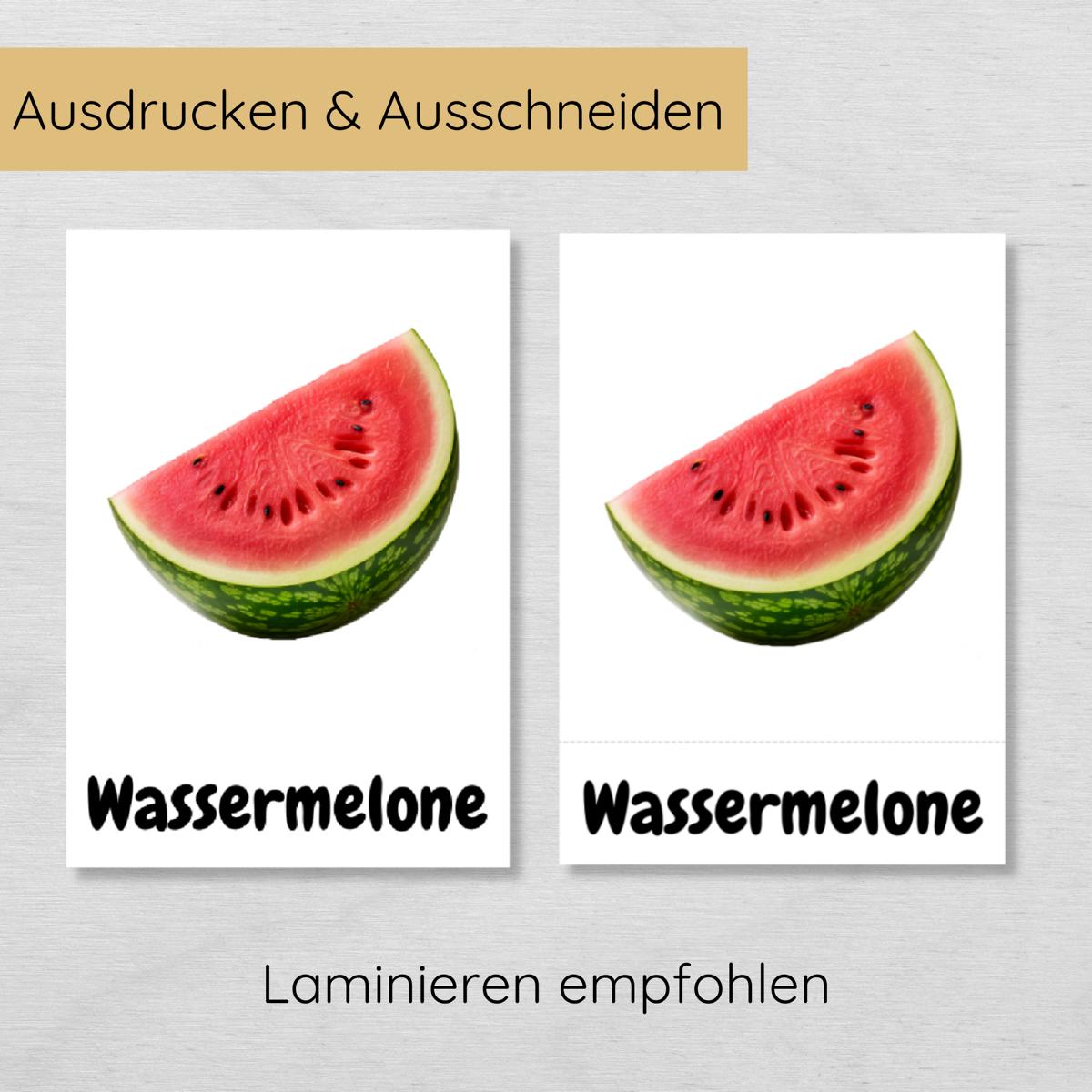 25 dreiteilige Obst Lernkarten für Kinder