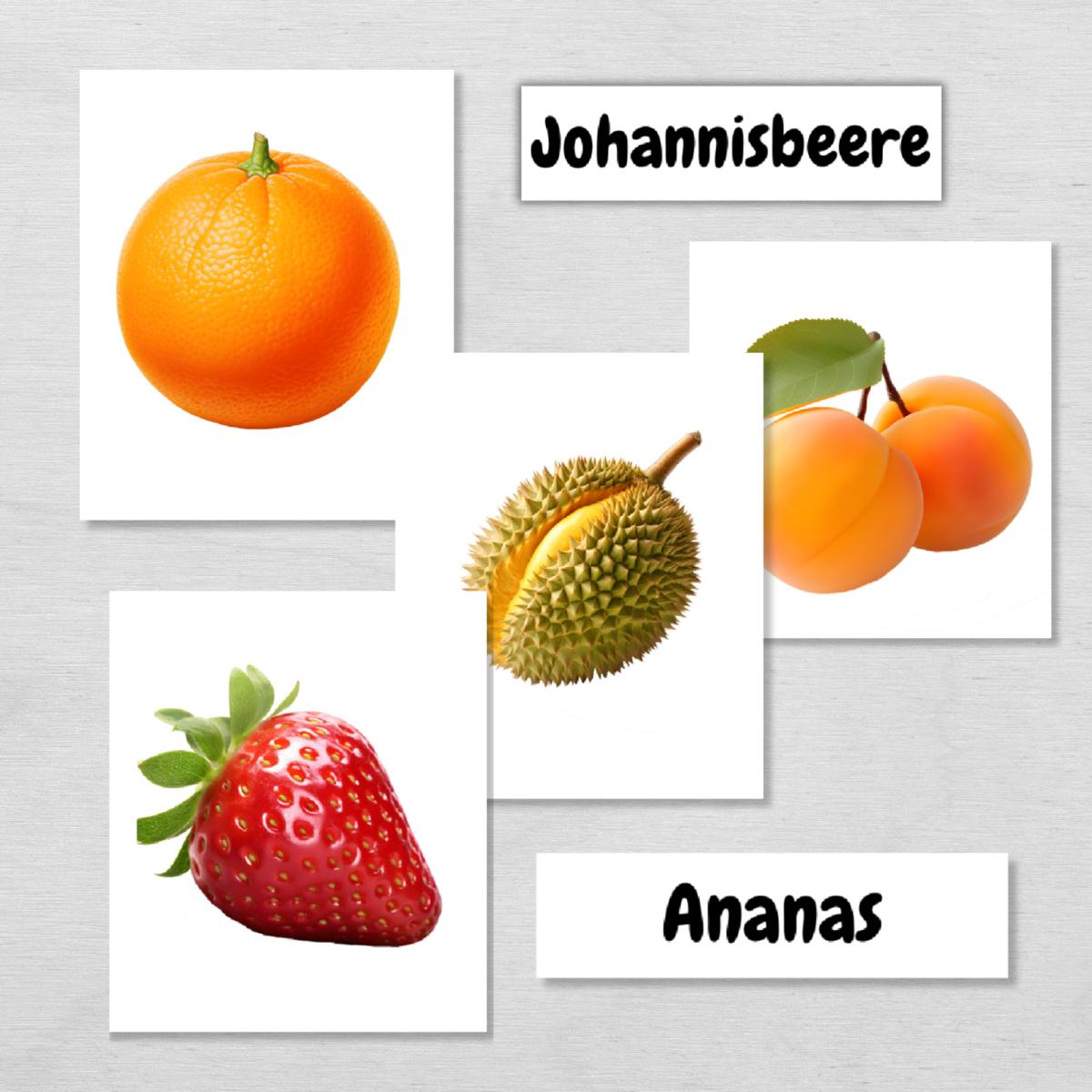 25 dreiteilige Obst Lernkarten für Kinder