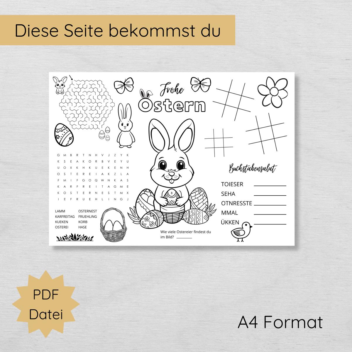 Ostern Tischset für Kinder mit Ausmalbildern & Rätseln