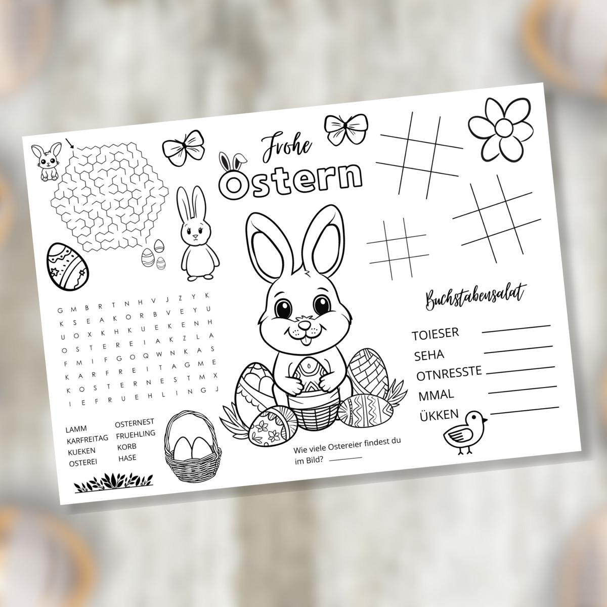 Ostern Tischset für Kinder mit Ausmalbildern & Rätseln