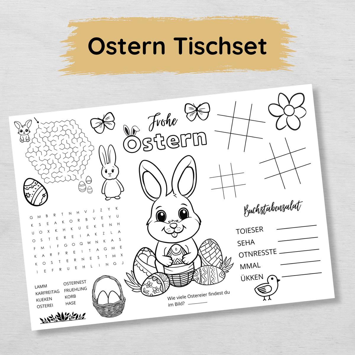 Ostern Tischset für Kinder mit Ausmalbildern & Rätseln