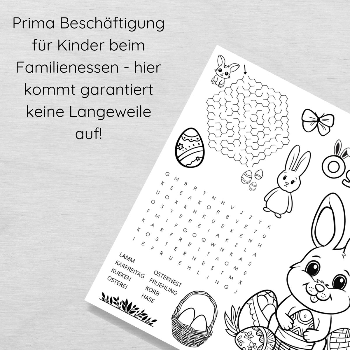 Ostern Tischset für Kinder mit Ausmalbildern & Rätseln