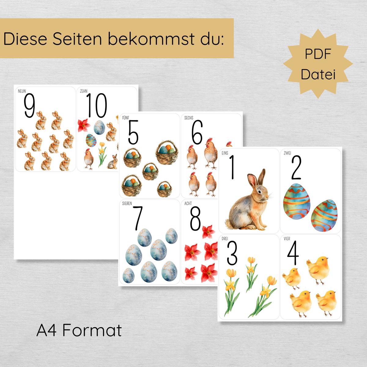 Ostern Zahlen 1 bis 10 Lernkarten für Kinder
