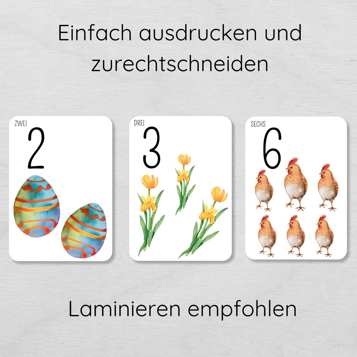 Ostern Zahlen 1 bis 10 Lernkarten für Kinder
