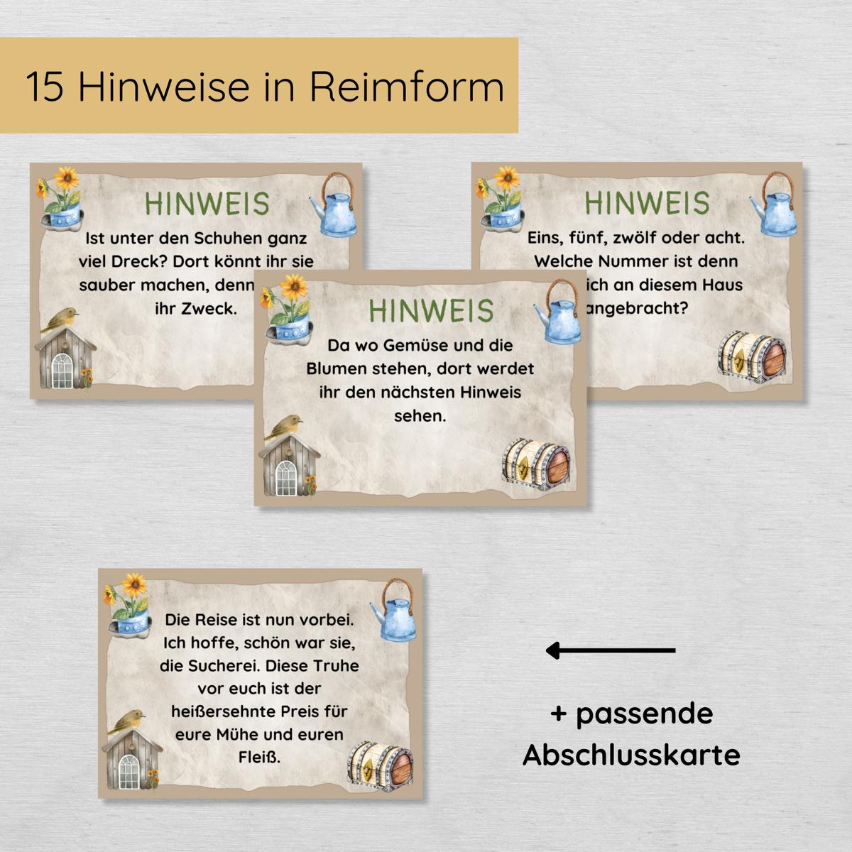 Outdoor Schnitzeljagd mit 15 Hinweisen, Urkunde und 3 Spielen