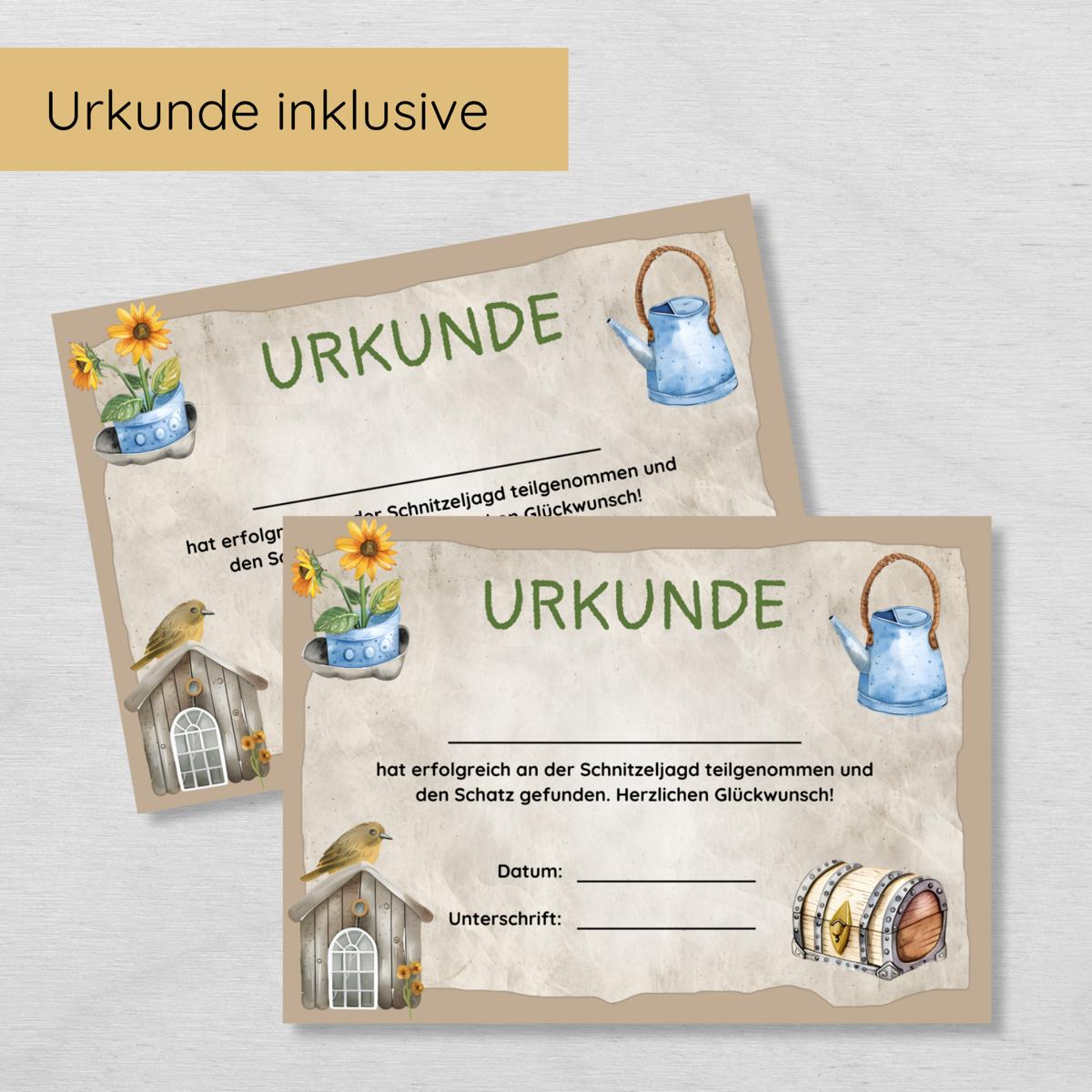 Outdoor Schnitzeljagd mit 15 Hinweisen, Urkunde und 3 Spielen