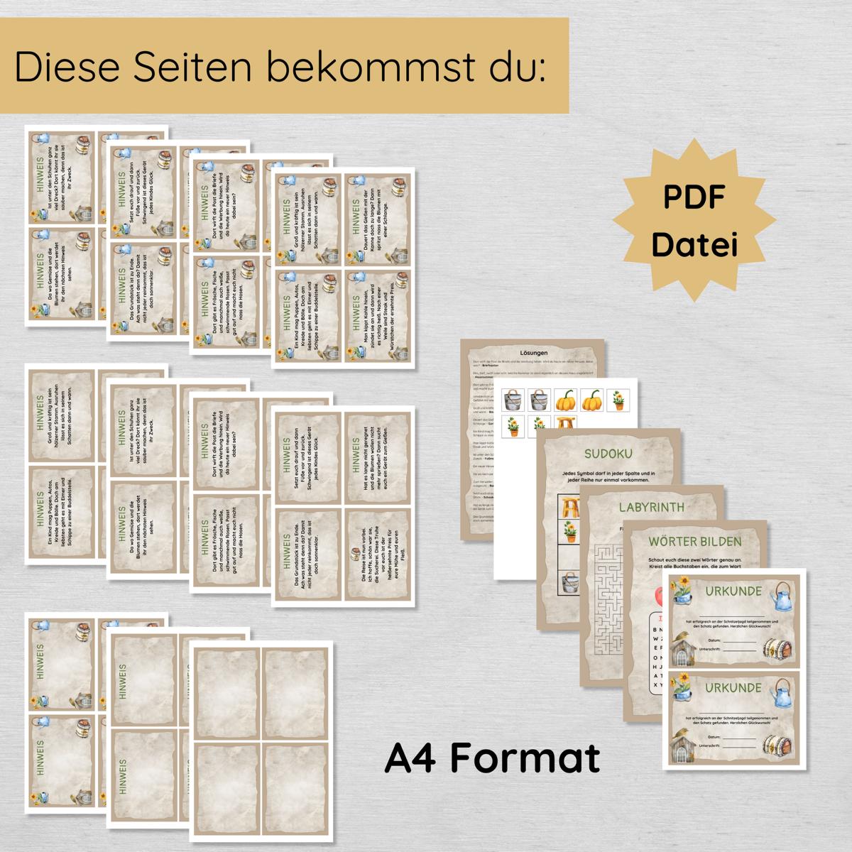 Outdoor Schnitzeljagd mit 15 Hinweisen, Urkunde und 3 Spielen