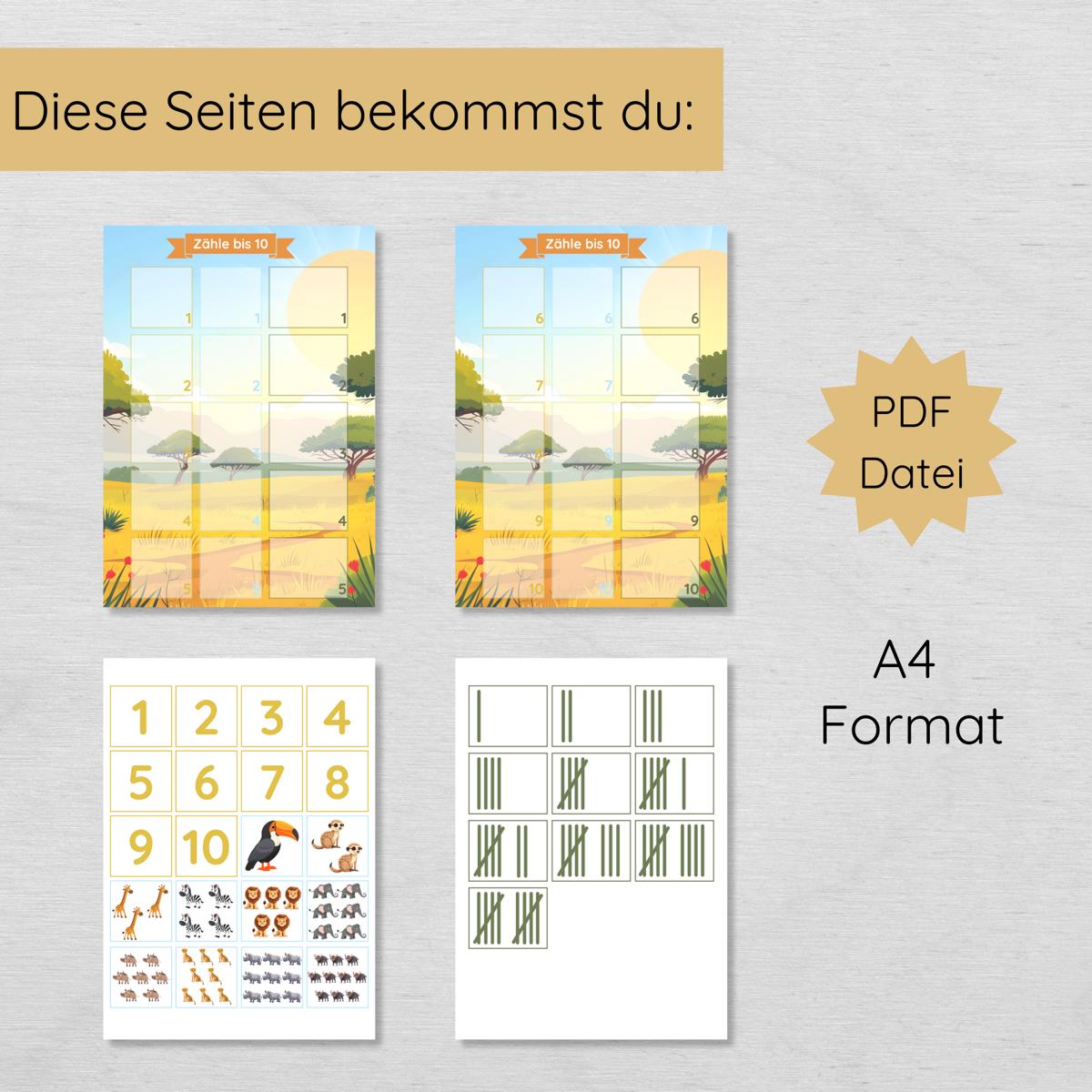 Safari Zählübung Zahlen 1 bis 10 für Kinder, hochkant