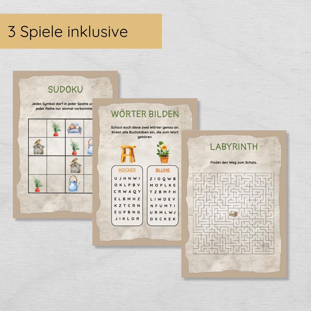 Schnitzeljagd für Kinder mit 30 Hinweisen, Urkunde und 3 Spielen