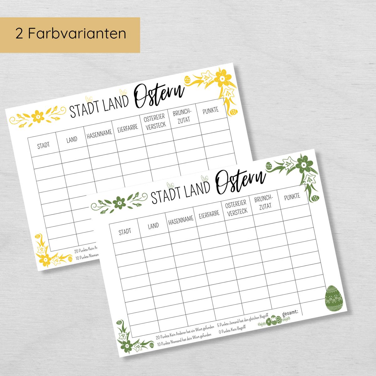Stadt Land Ostern Familienspiel Druckvorlage