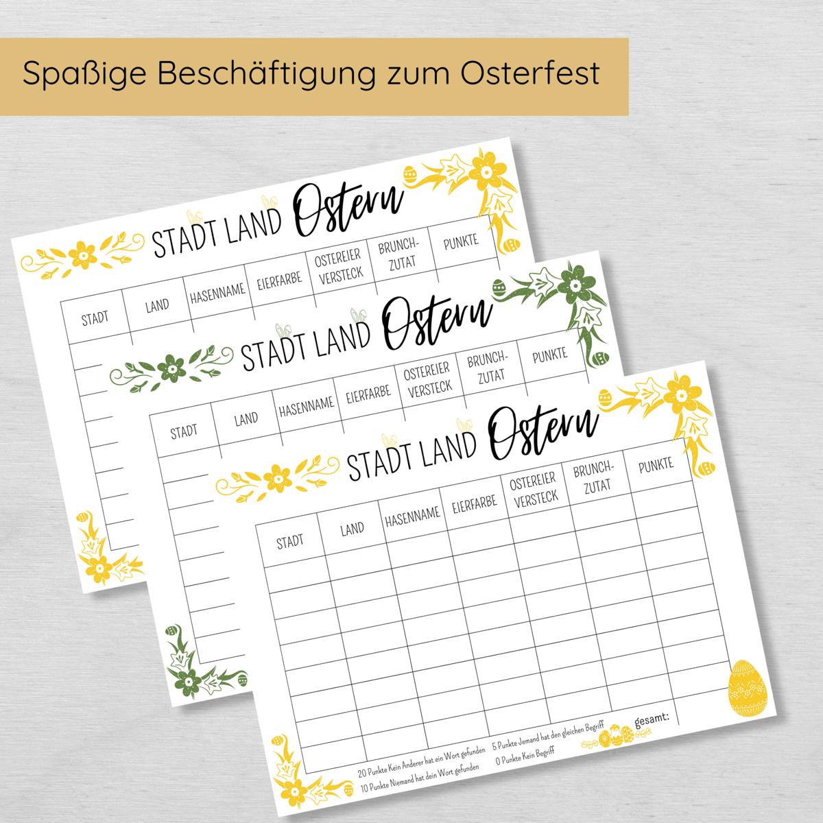 Stadt Land Ostern Familienspiel Druckvorlage