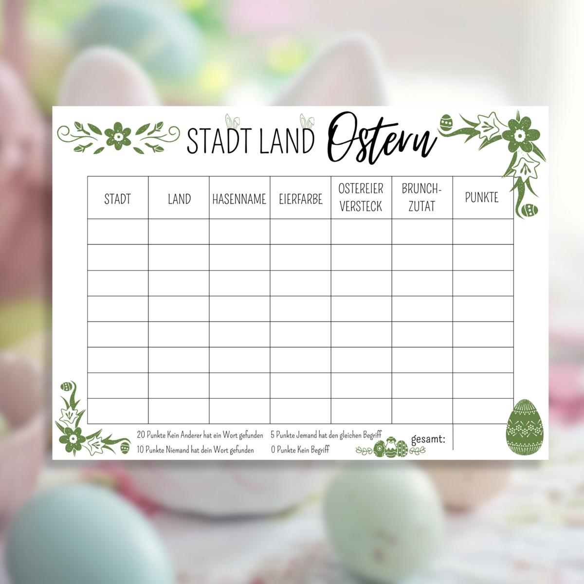 Stadt Land Ostern Familienspiel Druckvorlage