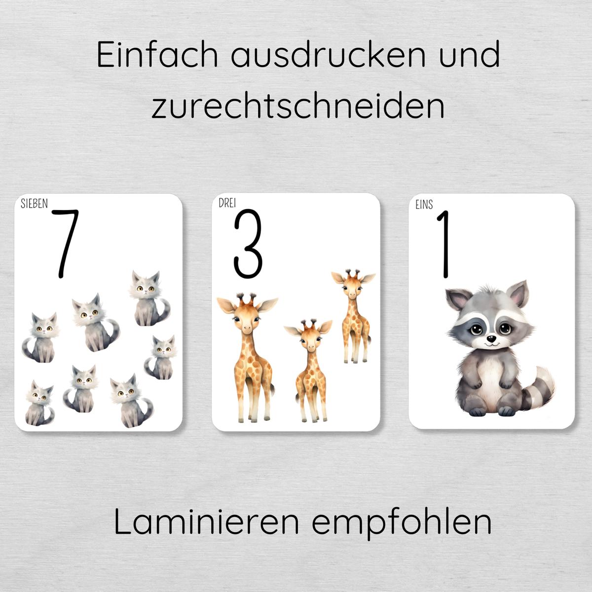 Tiere Zahlen 1 bis 10 Lernkarten für Kinder