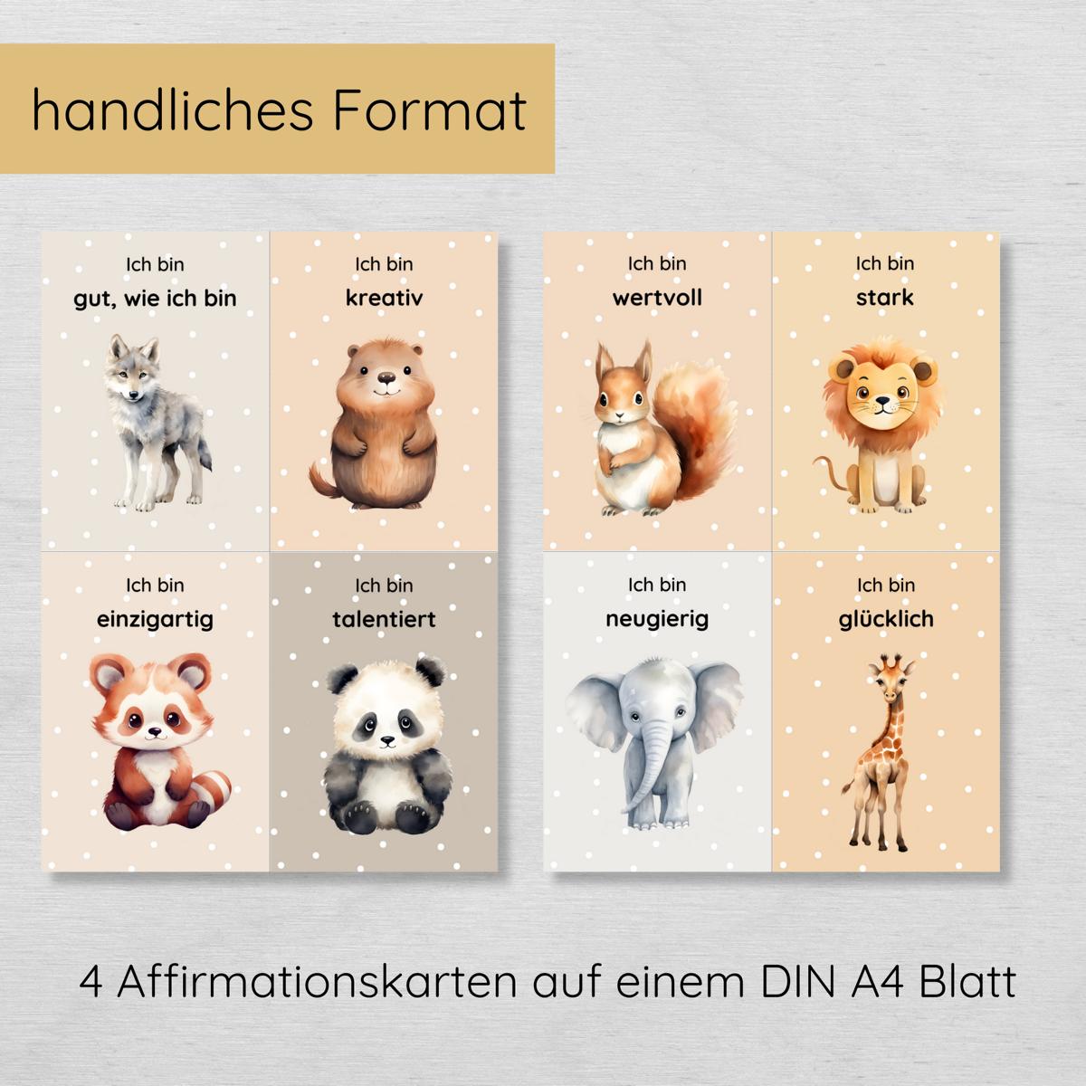 20 bunte Affirmationskarten für Kinder mit niedlichen Tieren