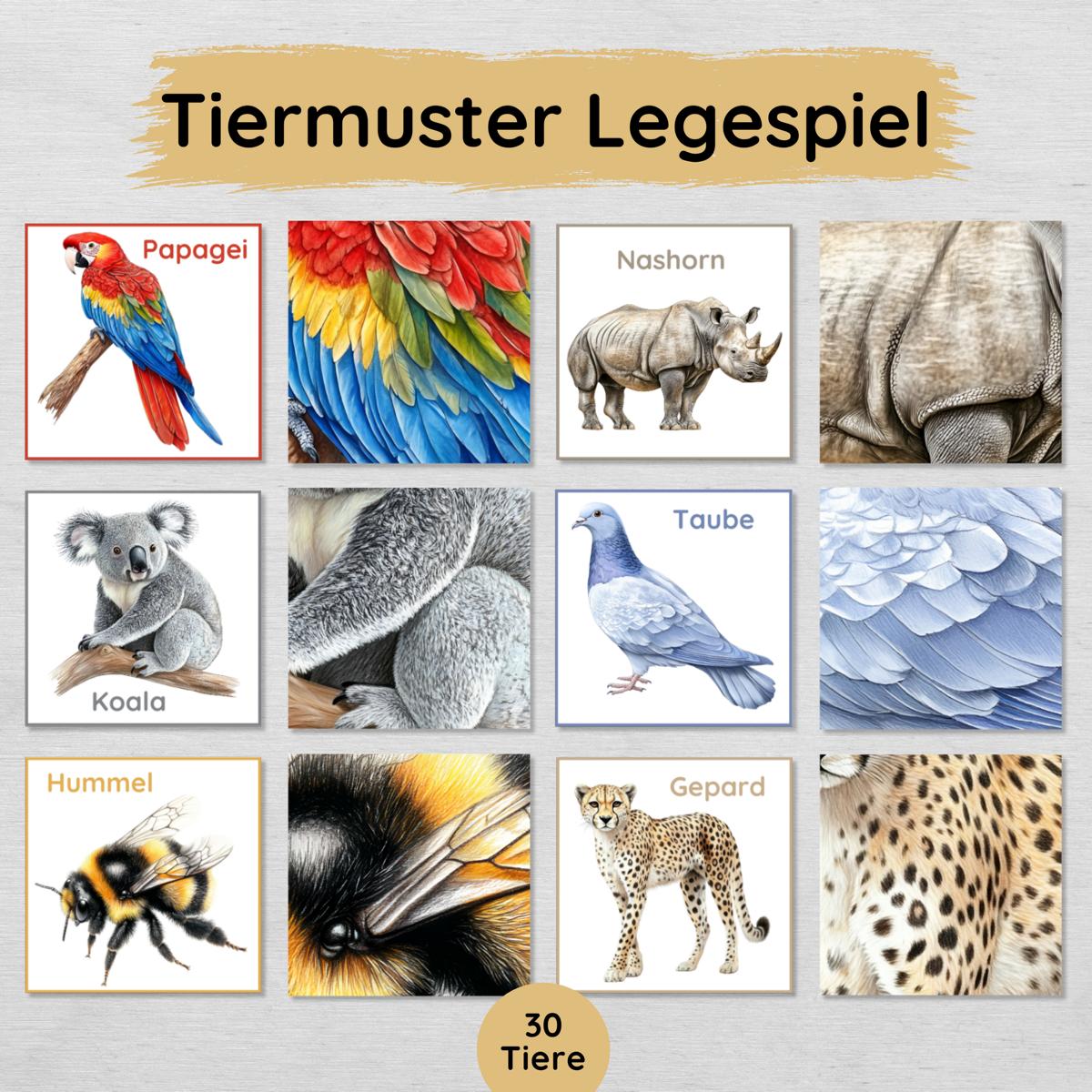 Tiermuster Legespiel für Kinder, auch als Memory nutzbar