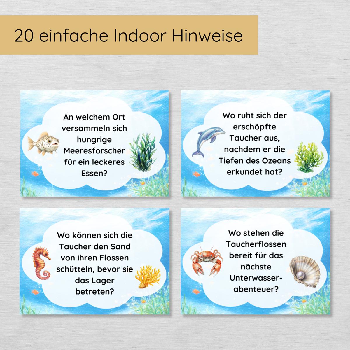 Unterwasser Indoor Schnitzeljagd - 20 einfache Hinweise, Urkunde & mehr