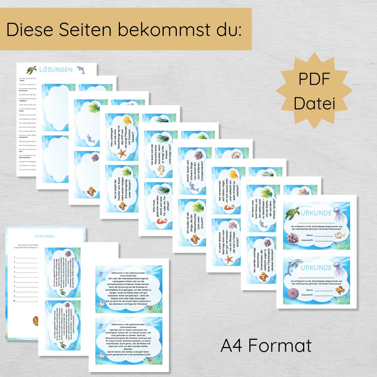 Unterwasser Outdoor Schnitzeljagd - 20 einfache Hinweise, Urkunde & mehr