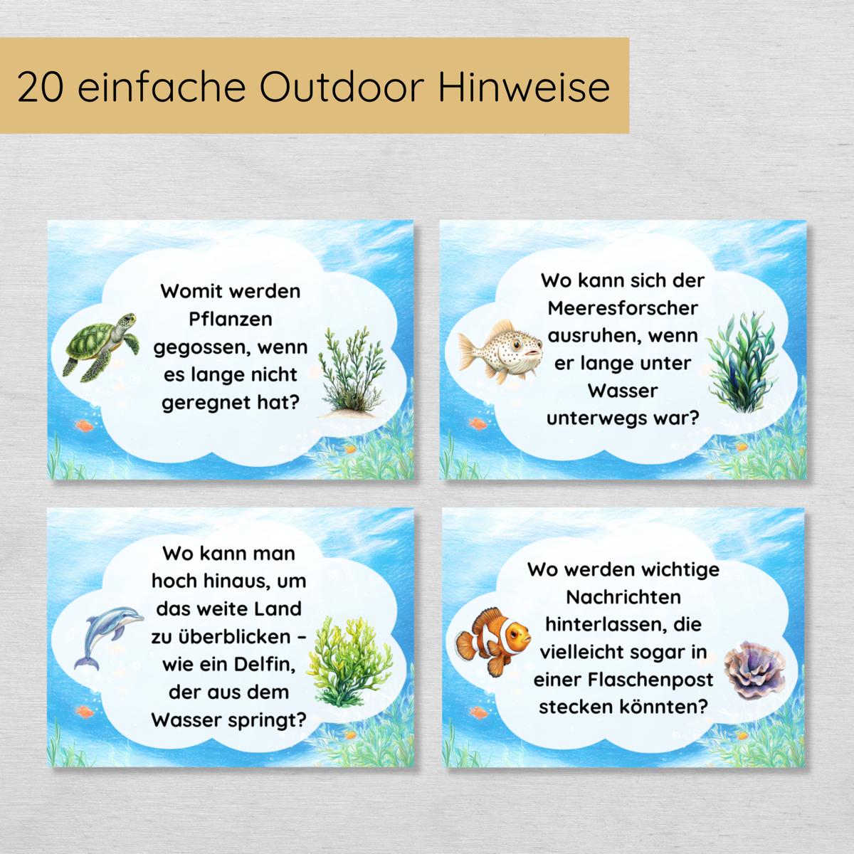 Unterwasser Outdoor Schnitzeljagd - 20 einfache Hinweise, Urkunde & mehr