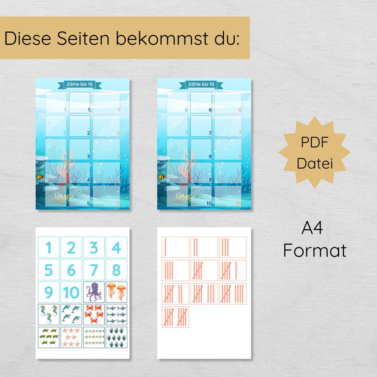 Unterwasser Zählübung Zahlen 1 bis 10 für Kinder, hochkant