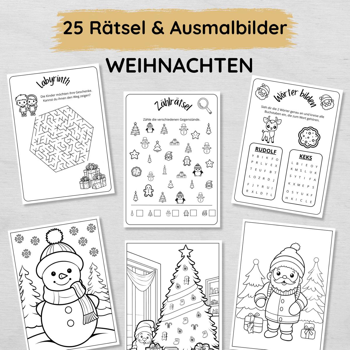 20 Weihnachten Rätsel und Ausmalbilder für Kinder