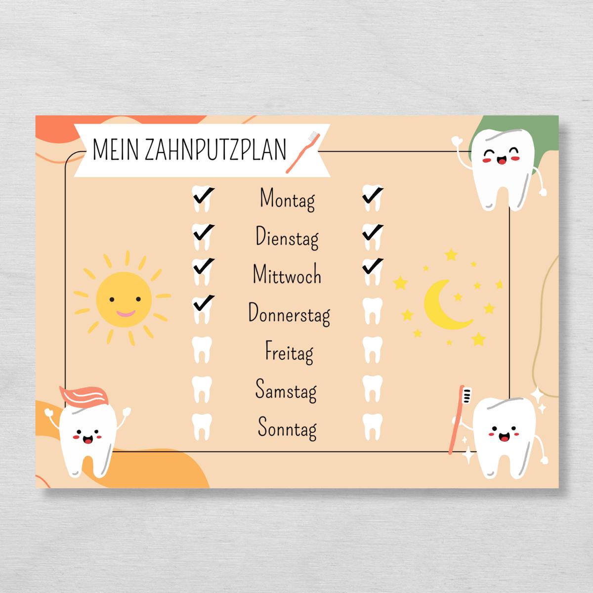 Zahnputzplan für Kinder, Zähne putzen Checkliste, beige