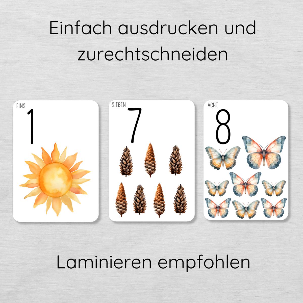 Natur Zahlen 1 bis 10 Lernkarten für Kinder