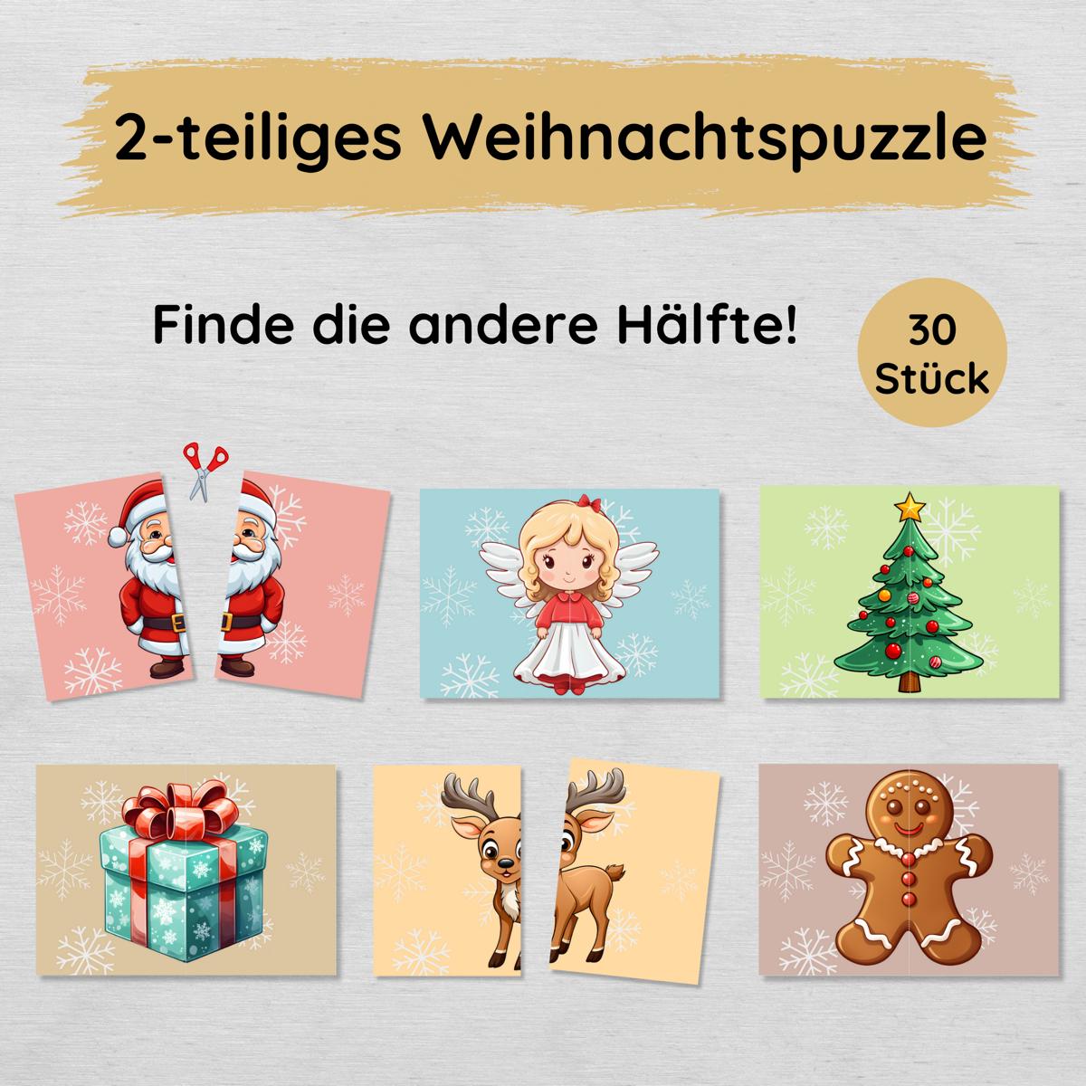 2 Teile Weihnachtspuzzle für Kinder, Hälften zuordnen