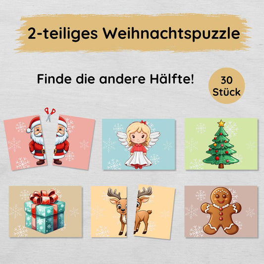 2 Teile Weihnachtspuzzle für Kinder, Hälften zuordnen