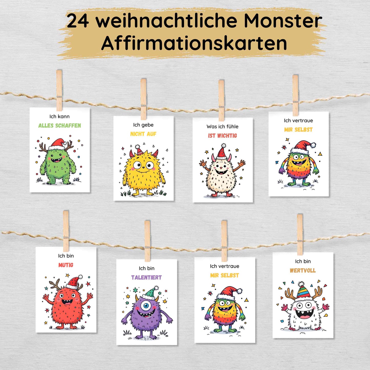24 weihnachtliche Monster Affirmationskarten für Kinder