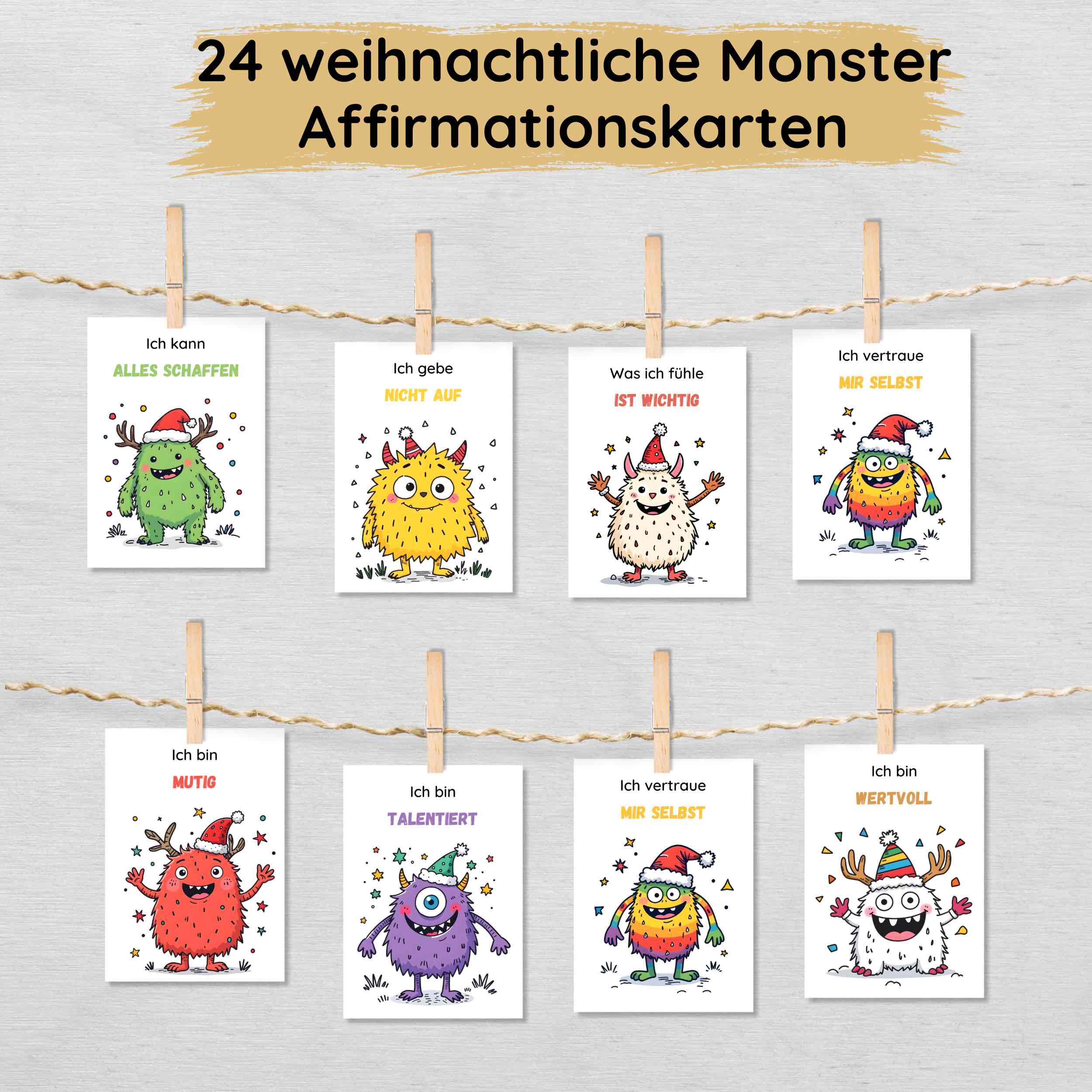 24 weihnachtliche Monster Affirmationskarten für Kinder