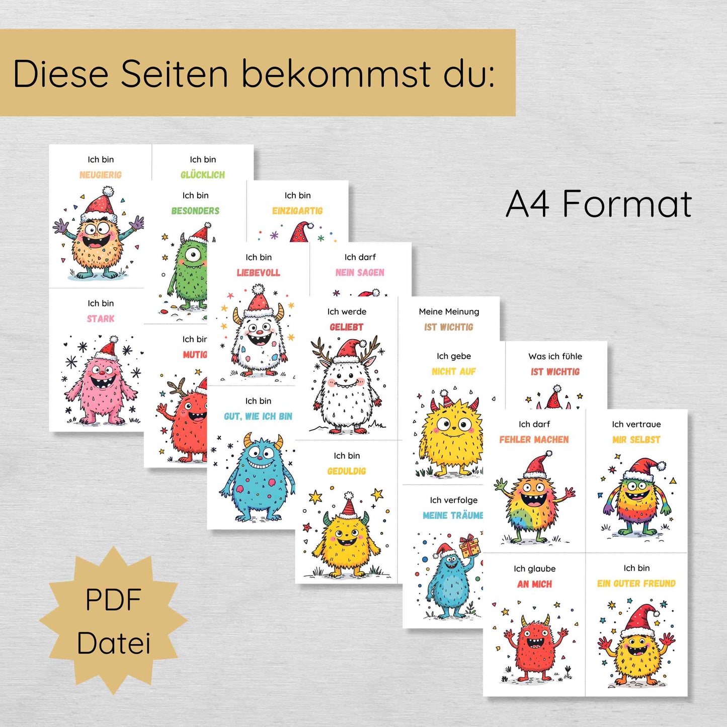 24 weihnachtliche Monster Affirmationskarten für Kinder
